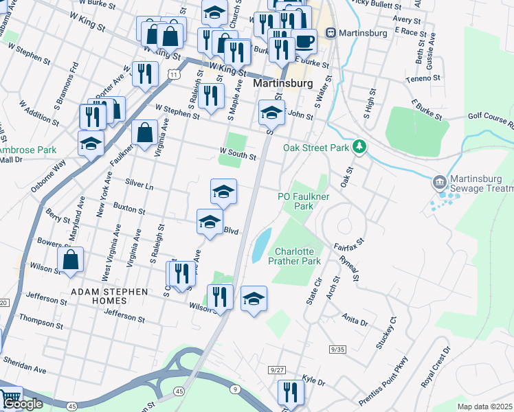 map of restaurants, bars, coffee shops, grocery stores, and more near 616 South Queen Street in Martinsburg