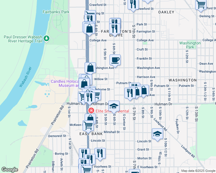 map of restaurants, bars, coffee shops, grocery stores, and more near 514 Osborne Street in Terre Haute