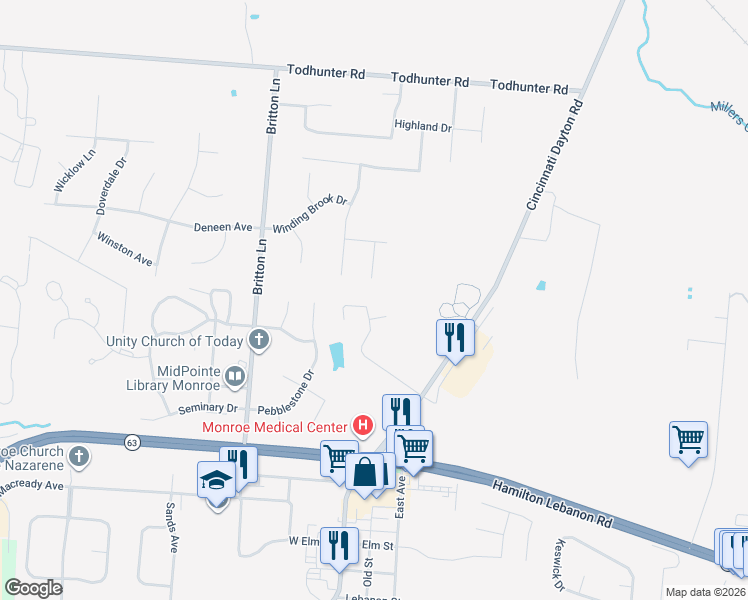map of restaurants, bars, coffee shops, grocery stores, and more near 207 Overbrook Court in Monroe