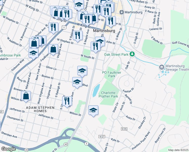 map of restaurants, bars, coffee shops, grocery stores, and more near 616 South Queen Street in Martinsburg