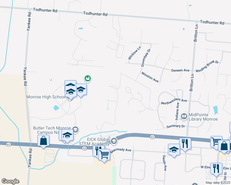 map of restaurants, bars, coffee shops, grocery stores, and more near 927 Heritage Green Drive in Monroe