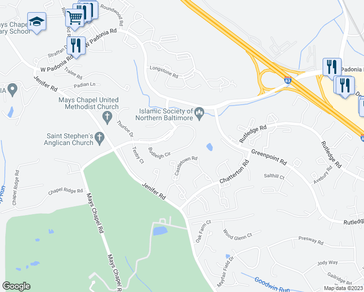 map of restaurants, bars, coffee shops, grocery stores, and more near 659 Budleigh Circle in Lutherville-Timonium
