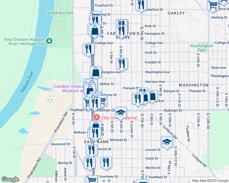 map of restaurants, bars, coffee shops, grocery stores, and more near 514 Osborne Street in Terre Haute