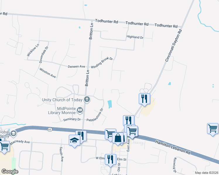 map of restaurants, bars, coffee shops, grocery stores, and more near 350 Pebblestone Drive in Monroe