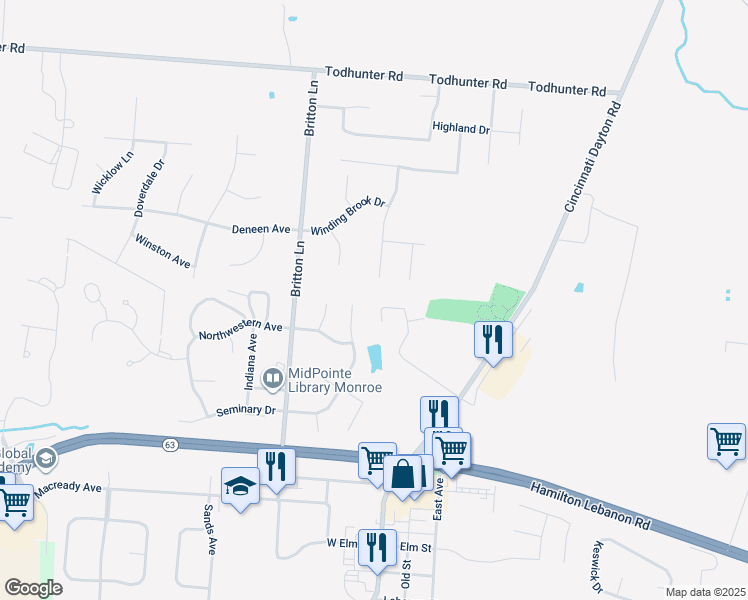 map of restaurants, bars, coffee shops, grocery stores, and more near 242 Overbrook Court in Monroe