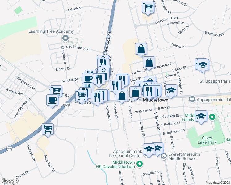 map of restaurants, bars, coffee shops, grocery stores, and more near 5407 Peterson Road in Middletown