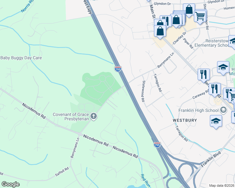 map of restaurants, bars, coffee shops, grocery stores, and more near 219 Berrymans Lane in Reisterstown