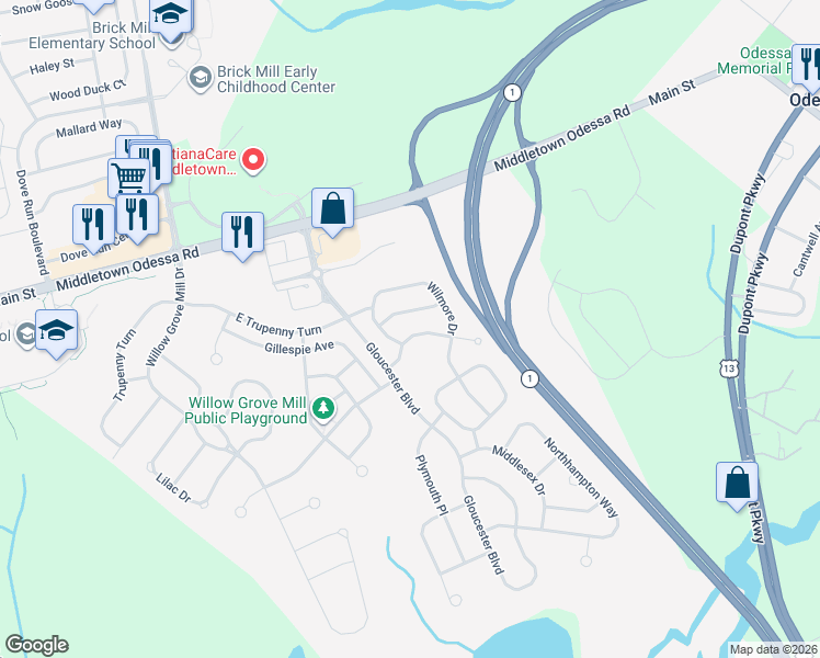 map of restaurants, bars, coffee shops, grocery stores, and more near 417 Wilmore Drive in Middletown