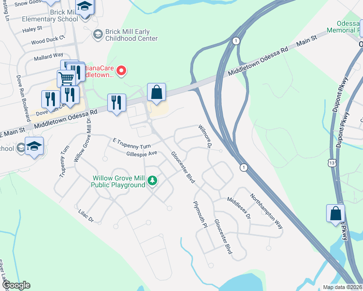 map of restaurants, bars, coffee shops, grocery stores, and more near 417 Wilmore Drive in Middletown