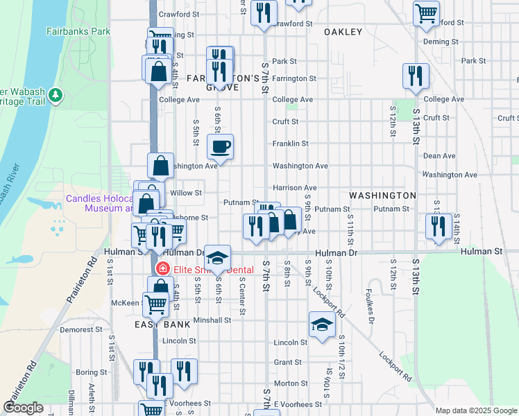 map of restaurants, bars, coffee shops, grocery stores, and more near in Terre Haute