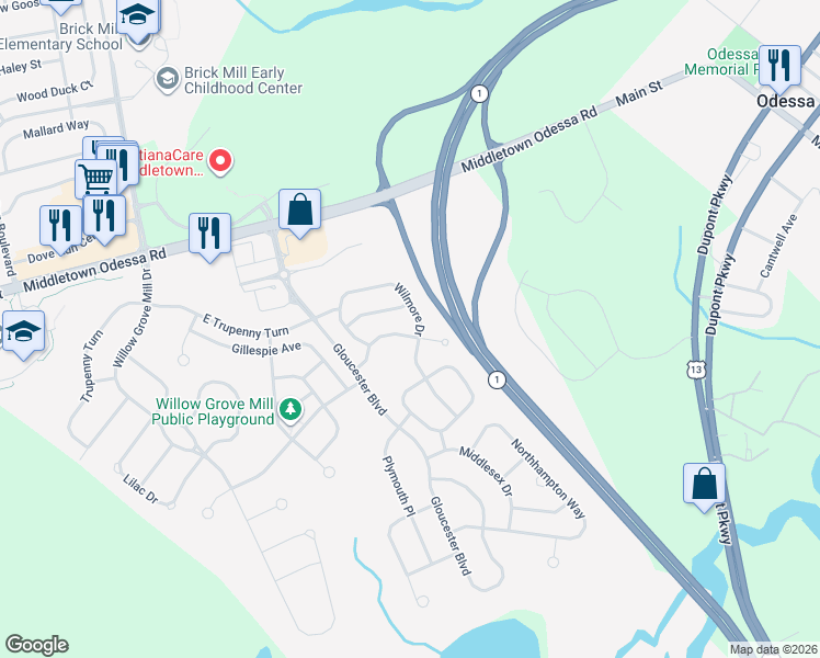 map of restaurants, bars, coffee shops, grocery stores, and more near 947 Lansdowne Road in Middletown
