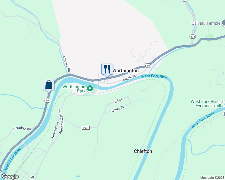 map of restaurants, bars, coffee shops, grocery stores, and more near West Fork River Trail in Worthington