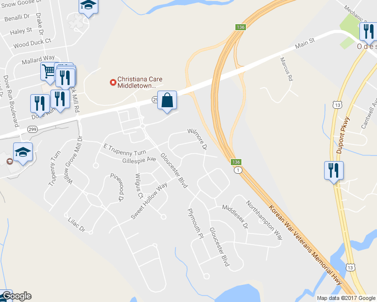 map of restaurants, bars, coffee shops, grocery stores, and more near 923 Lansdowne Road in Middletown