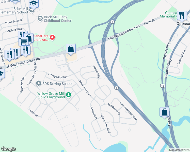 map of restaurants, bars, coffee shops, grocery stores, and more near 941 Lansdowne Road in Middletown