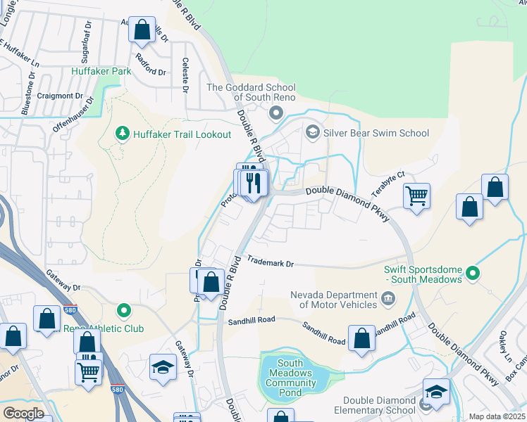 map of restaurants, bars, coffee shops, grocery stores, and more near 9395 Double R Boulevard in Reno