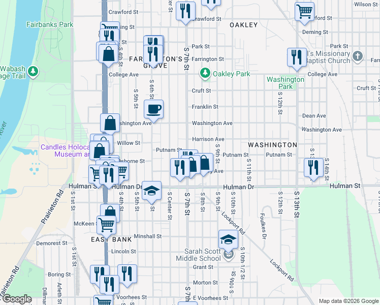 map of restaurants, bars, coffee shops, grocery stores, and more near 1510 South 7th Street in Terre Haute