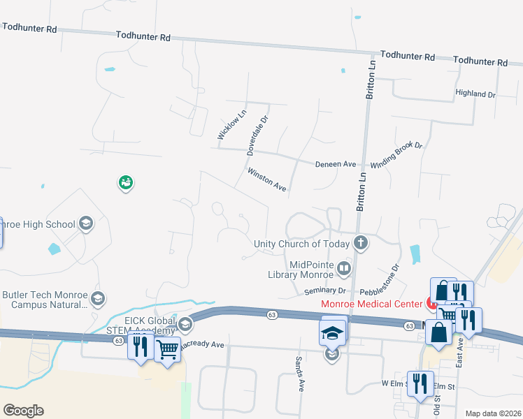 map of restaurants, bars, coffee shops, grocery stores, and more near 333 Wexford Way in Monroe