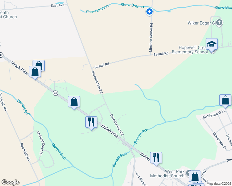 map of restaurants, bars, coffee shops, grocery stores, and more near 607 Barretts Run Road in Bridgeton