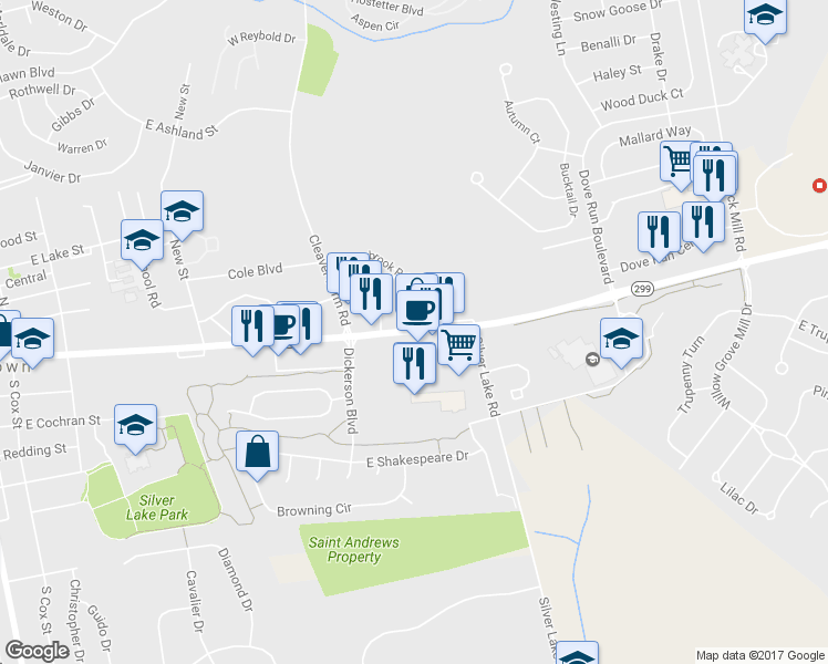 map of restaurants, bars, coffee shops, grocery stores, and more near 484 E Main St in Middletown