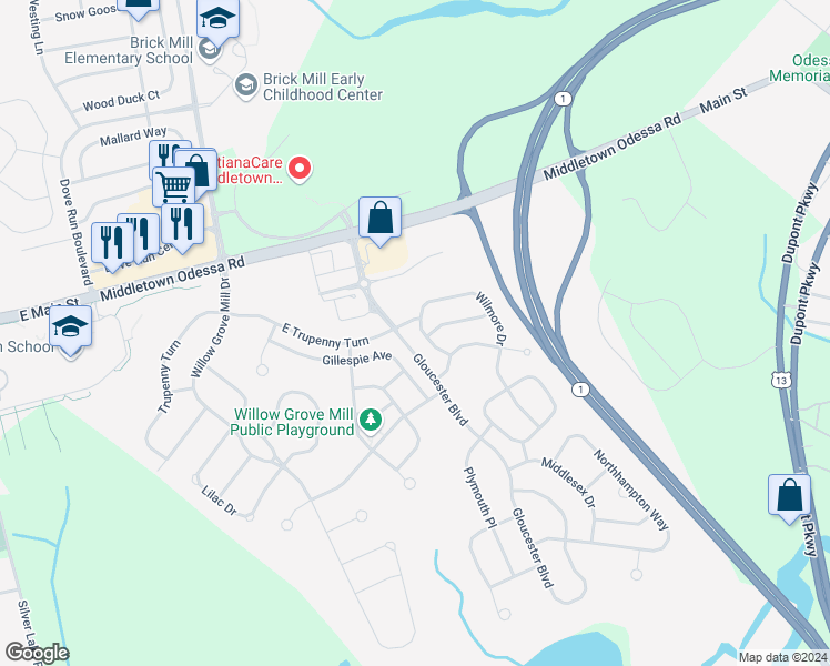 map of restaurants, bars, coffee shops, grocery stores, and more near 387 Wilmore Drive in Middletown