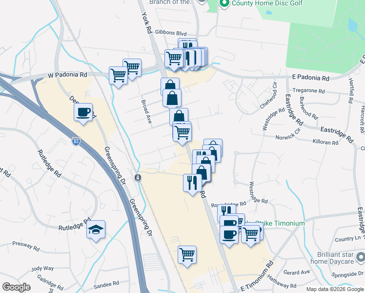 map of restaurants, bars, coffee shops, grocery stores, and more near 2322 York Road in Lutherville-Timonium