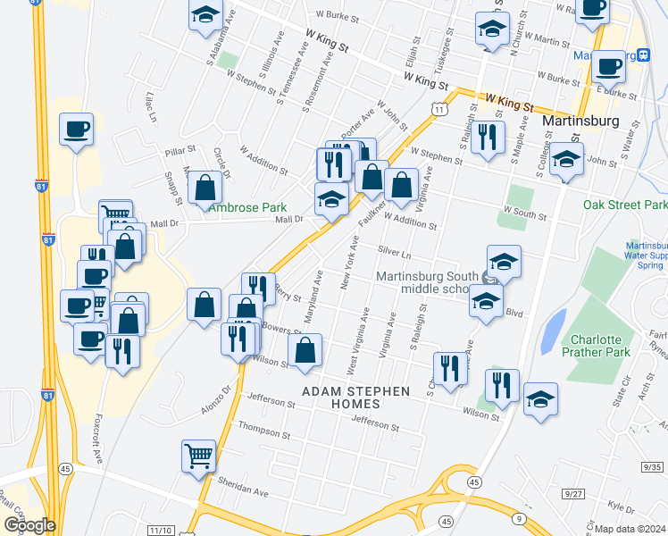 map of restaurants, bars, coffee shops, grocery stores, and more near 810 Buxton Street in Martinsburg