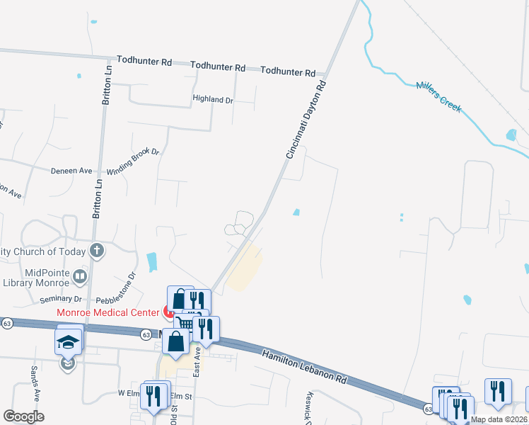 map of restaurants, bars, coffee shops, grocery stores, and more near 543 Cincinnati Dayton Road in Franklin
