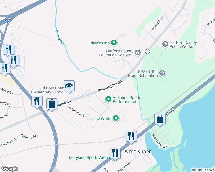 map of restaurants, bars, coffee shops, grocery stores, and more near 2908 Philadelphia Road in Abingdon