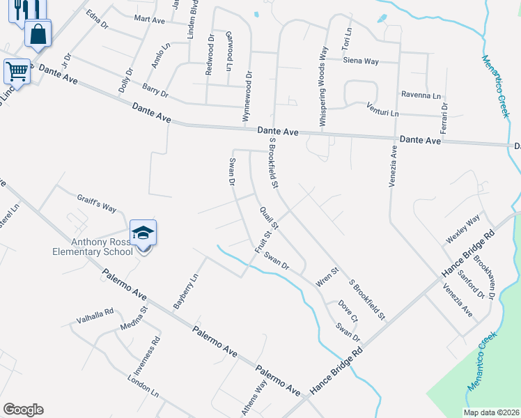 map of restaurants, bars, coffee shops, grocery stores, and more near 2219 Quail Street in Vineland