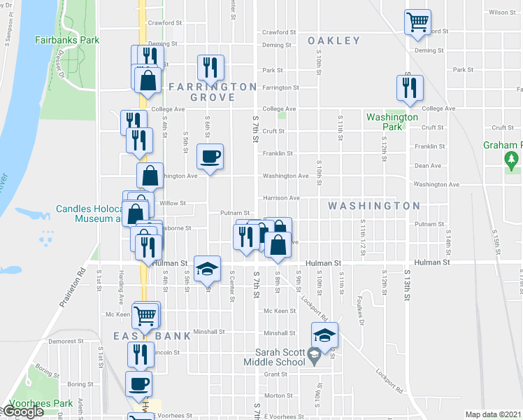 map of restaurants, bars, coffee shops, grocery stores, and more near 1430 South 7th Street in Terre Haute