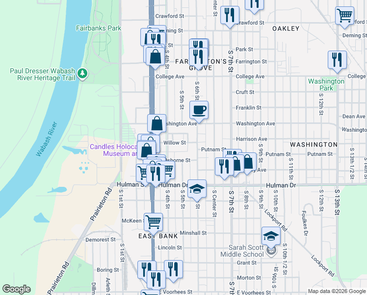 map of restaurants, bars, coffee shops, grocery stores, and more near 302 Willow Street in Terre Haute