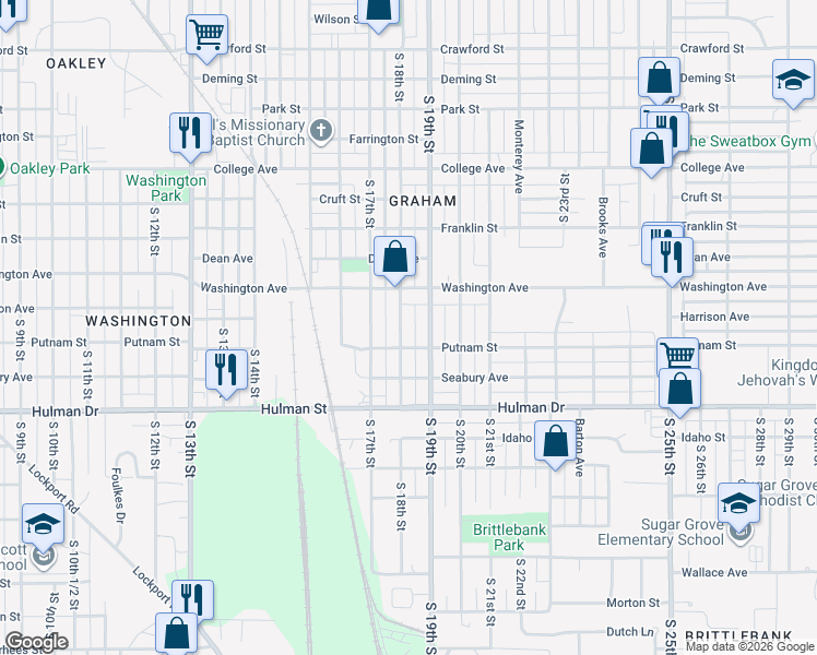 map of restaurants, bars, coffee shops, grocery stores, and more near 1447 South 19th Street in Terre Haute