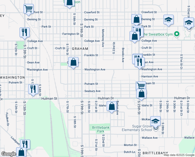 map of restaurants, bars, coffee shops, grocery stores, and more near 1466 South 21st Street in Terre Haute