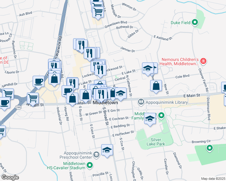 map of restaurants, bars, coffee shops, grocery stores, and more near 21 Crawford Street in Middletown