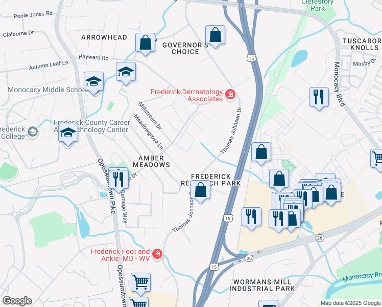 map of restaurants, bars, coffee shops, grocery stores, and more near 1777 Hillmeade Square in Frederick