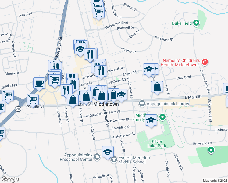 map of restaurants, bars, coffee shops, grocery stores, and more near 21 Crawford Street in Middletown
