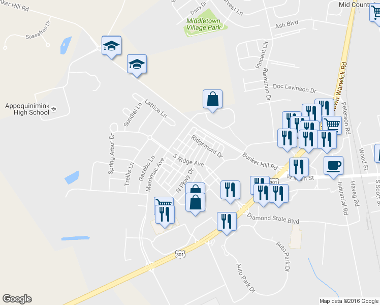 map of restaurants, bars, coffee shops, grocery stores, and more near 317 South Parkway Drive in Middletown