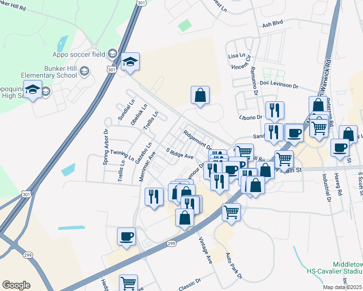 map of restaurants, bars, coffee shops, grocery stores, and more near 317 South Parkway Drive in Middletown