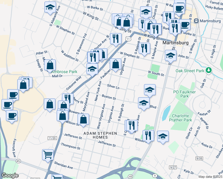 map of restaurants, bars, coffee shops, grocery stores, and more near 704 West Virginia Avenue in Martinsburg