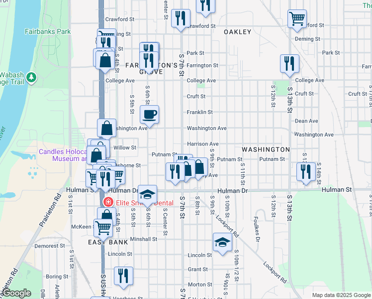 map of restaurants, bars, coffee shops, grocery stores, and more near 1430 South 7th Street in Terre Haute