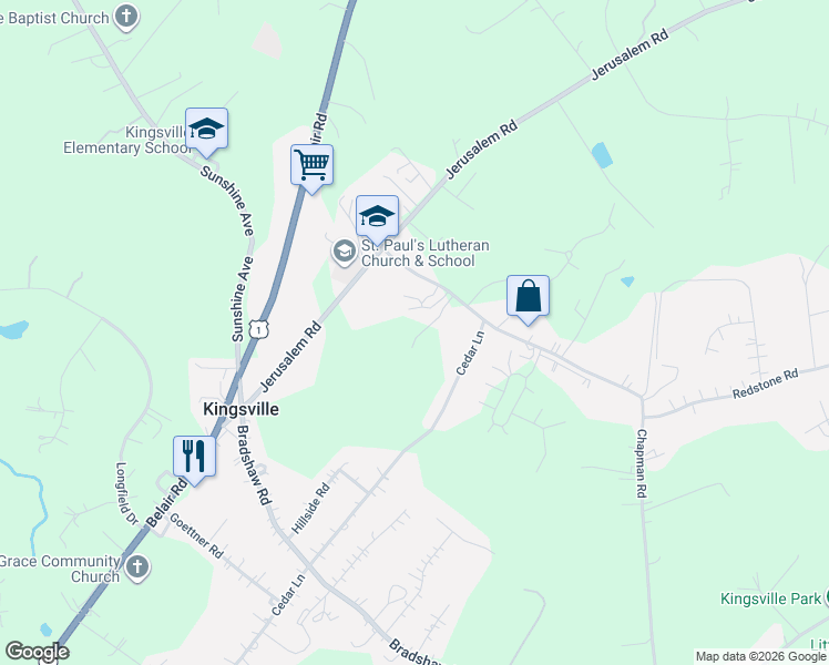 map of restaurants, bars, coffee shops, grocery stores, and more near 7629 Chapman Road in Kingsville