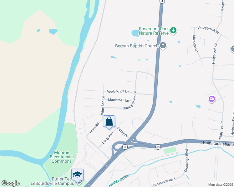 map of restaurants, bars, coffee shops, grocery stores, and more near 3037 Apple Knoll Lane in Middletown