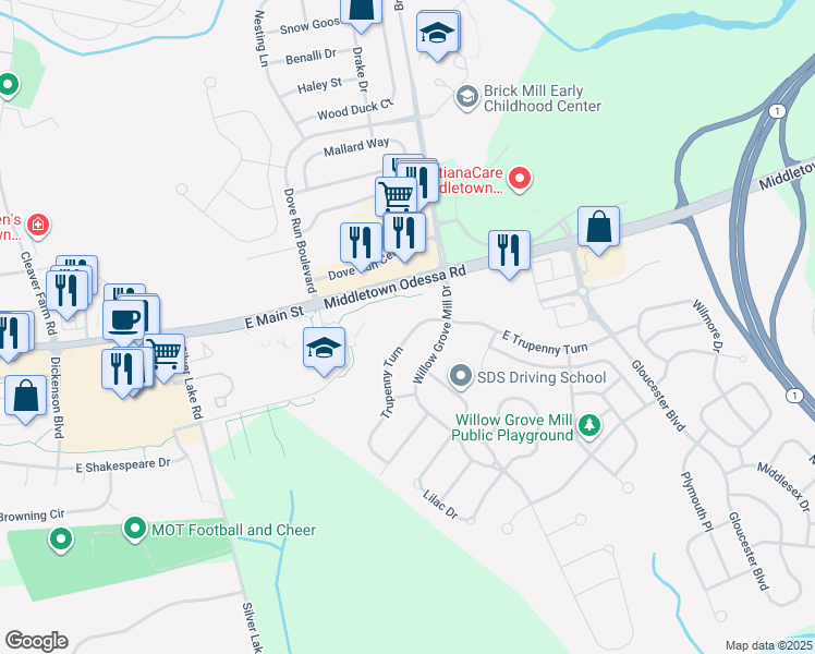 map of restaurants, bars, coffee shops, grocery stores, and more near 106 Trupenny Turn in Middletown