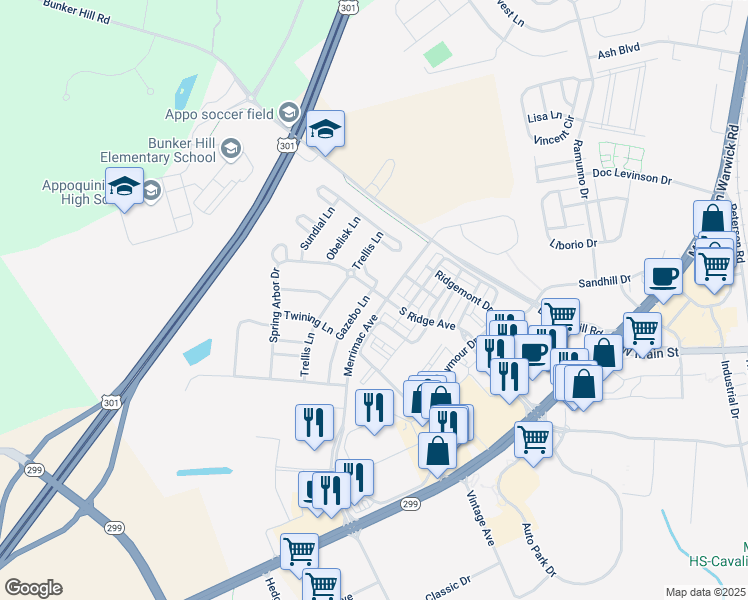 map of restaurants, bars, coffee shops, grocery stores, and more near 101 Gazebo Lane in Middletown