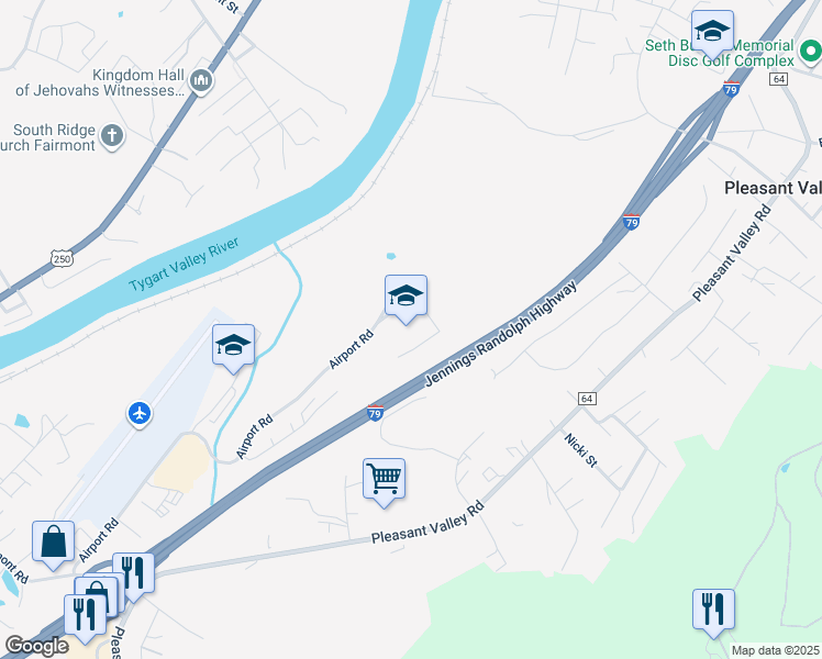 map of restaurants, bars, coffee shops, grocery stores, and more near 1993 Airport Road in Fairmont