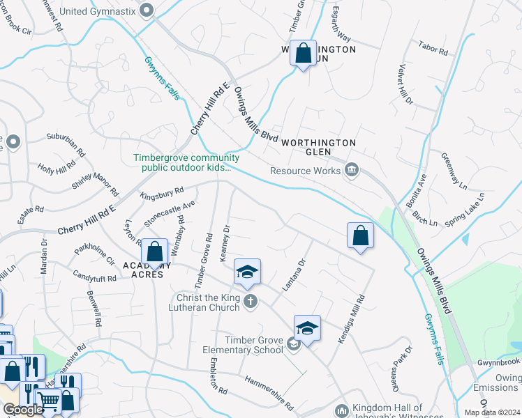 map of restaurants, bars, coffee shops, grocery stores, and more near 1128 Kingsbury Road in Owings Mills