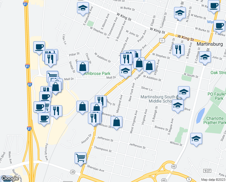 map of restaurants, bars, coffee shops, grocery stores, and more near 720 Winchester Avenue in Martinsburg