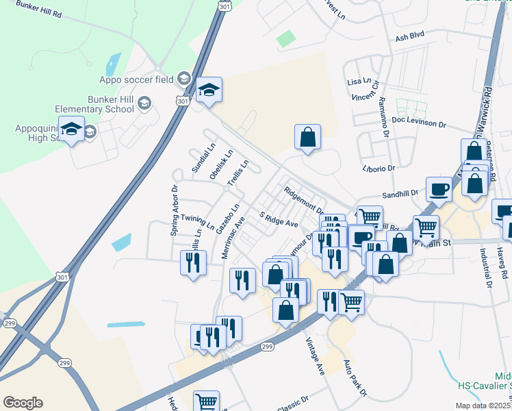 map of restaurants, bars, coffee shops, grocery stores, and more near 101 Gazebo Lane in Middletown