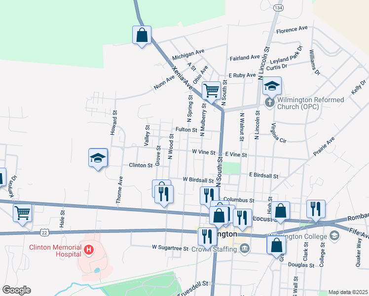 map of restaurants, bars, coffee shops, grocery stores, and more near 442 North Wood Street in Wilmington