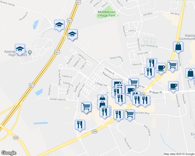 map of restaurants, bars, coffee shops, grocery stores, and more near 417 Toftrees Drive in Middletown